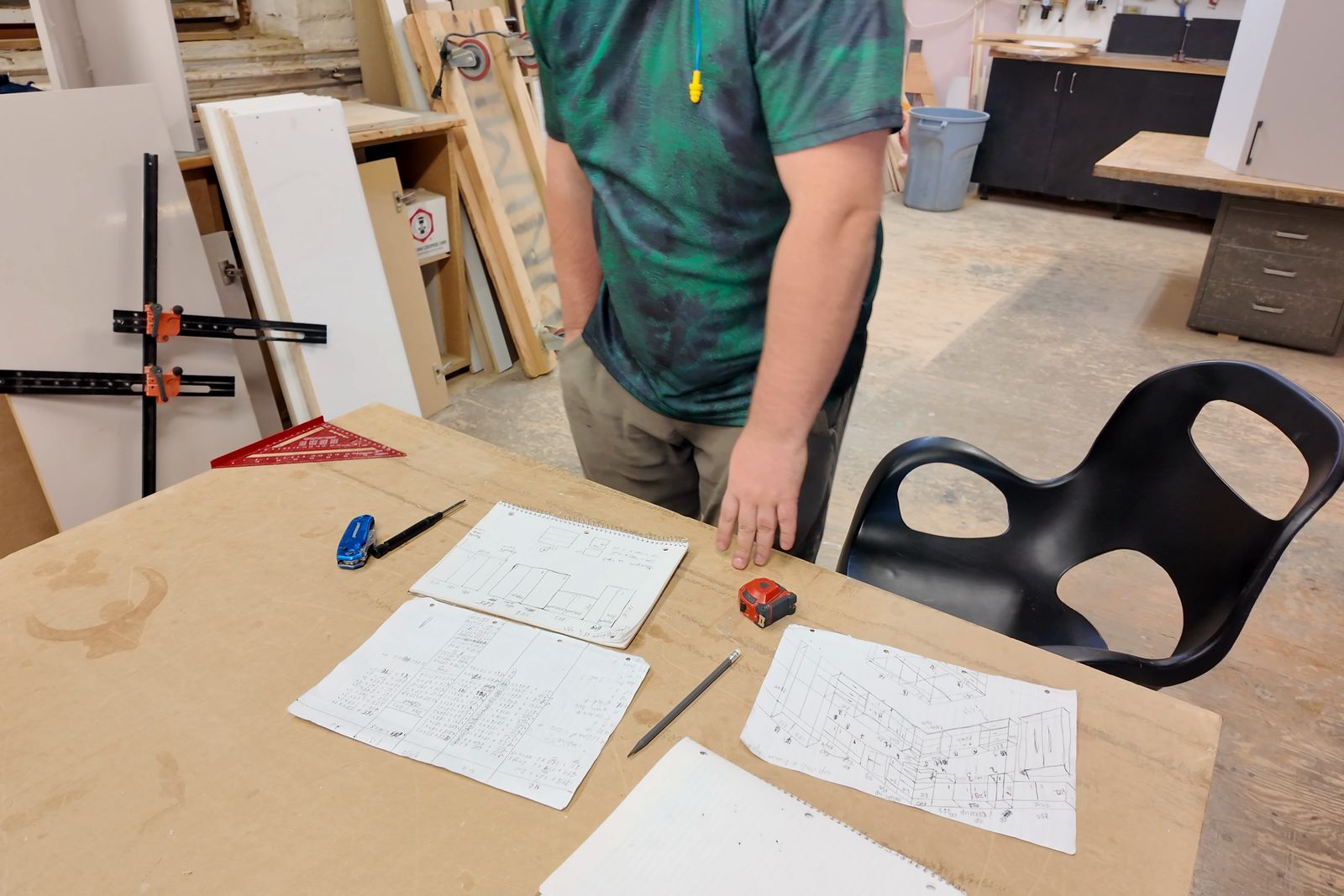 Kitchen drawings on the workbench before cutting